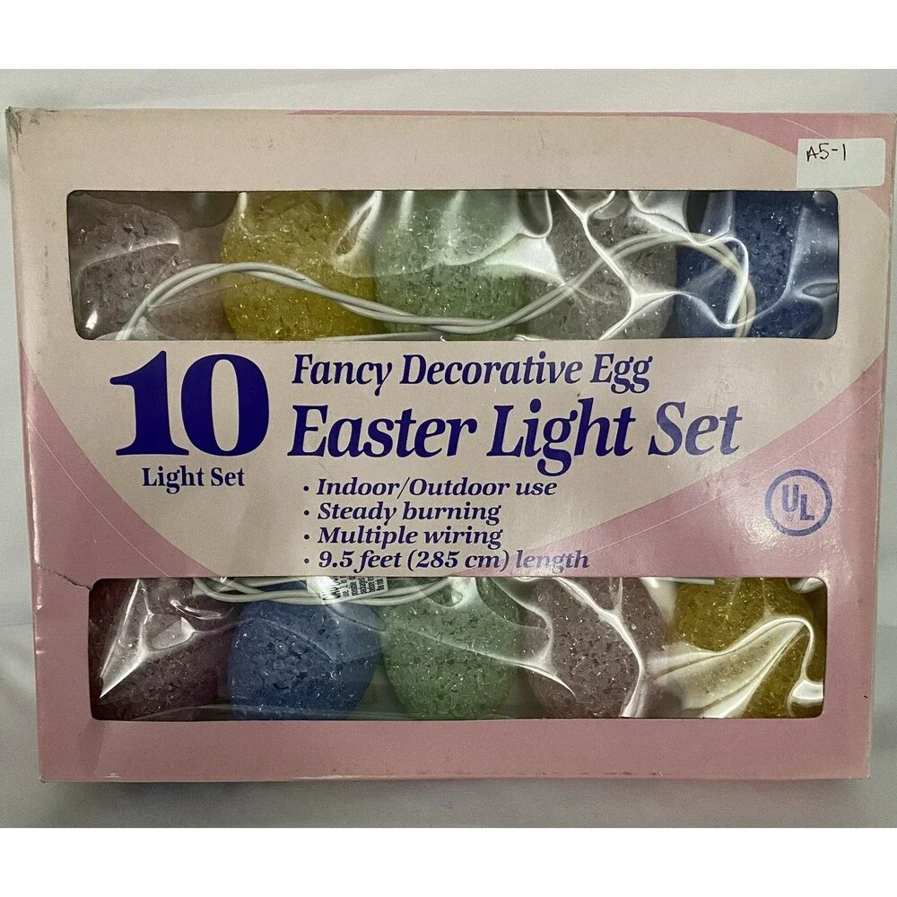 VTG 10 ct Fancy Crackle Easter Egg String Light Set 9.5 ft NOS Indoor Outdoor UL